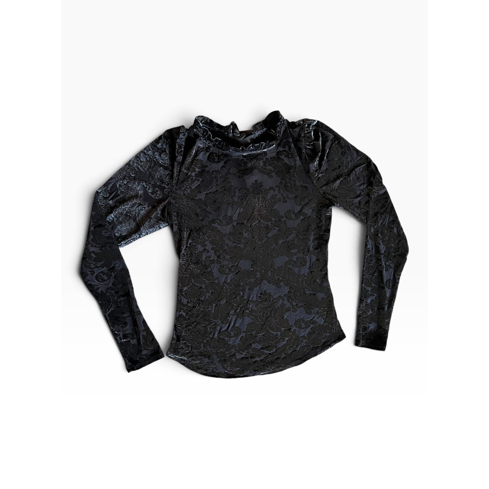 Anthropologie Black Velvet Damask Top Lace Up Back Ruffle Neck Size XS